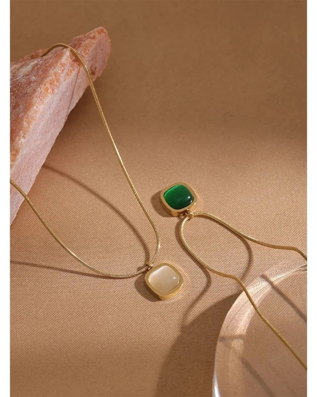 Green Opal Square Pendant Necklace — Minimalist 18k Gold Plated PVD Stainless Steel by Poised Me Jewelry Studio
