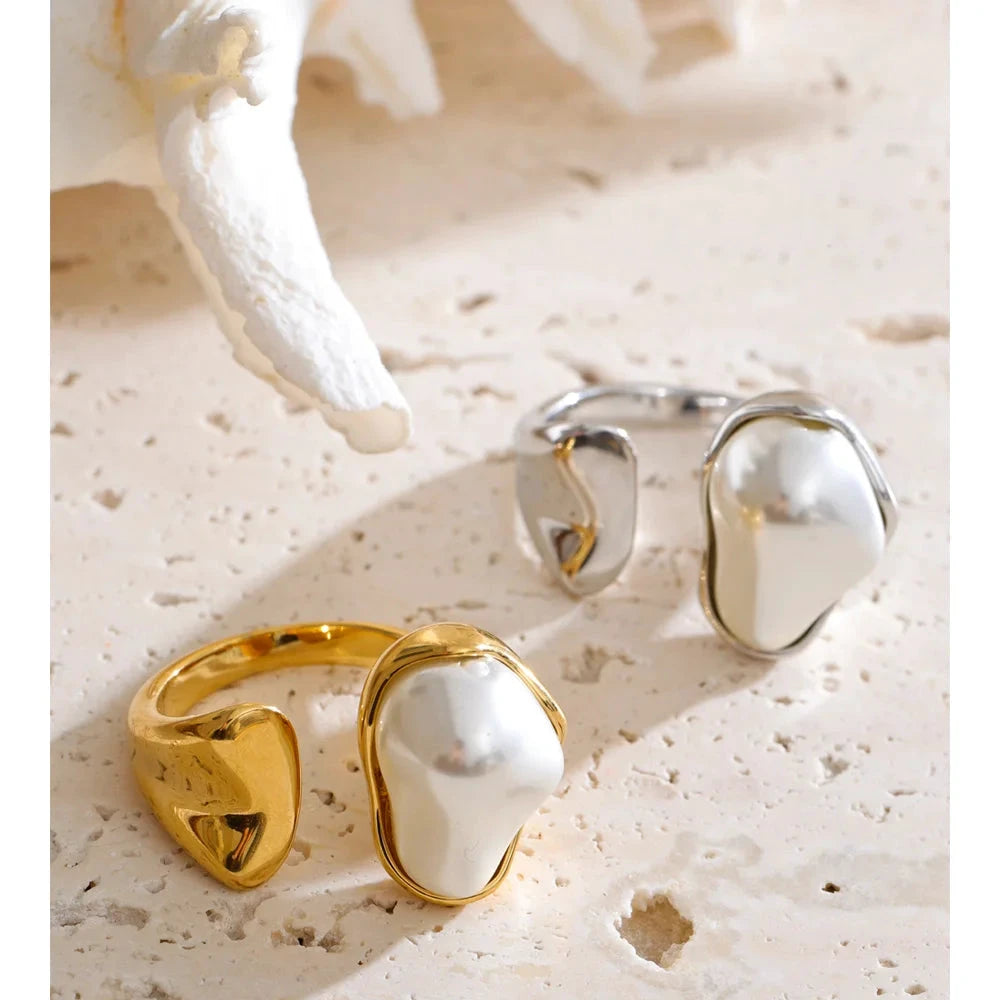 Size 7.5 Vintage Baroque Simulated Pearls Adjustable Ring Arrivals Stainless Steel Chic Charm Jewelry Wholesale Bijoux by PoisedMe