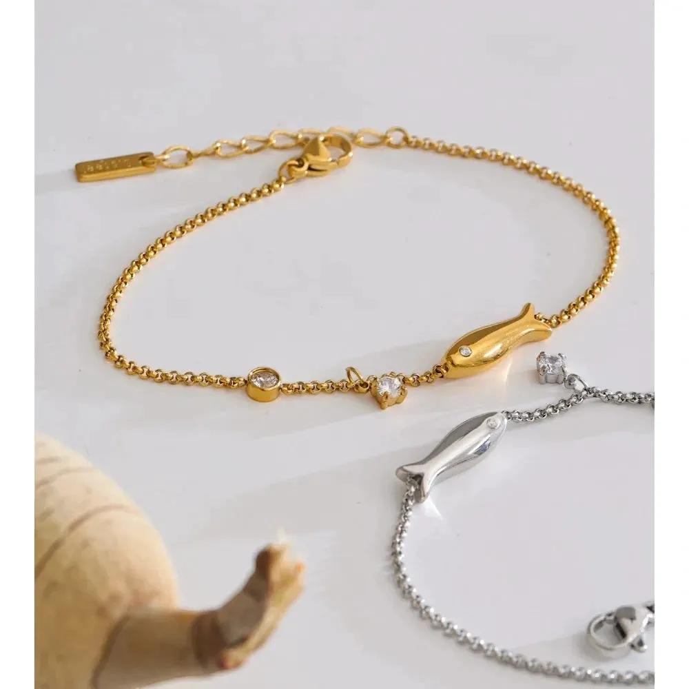 Minimalist Fish Chain Zirconia Bracelet Waterproof PVD Plated Stainless Steel by Poised Me Jewelry Studio