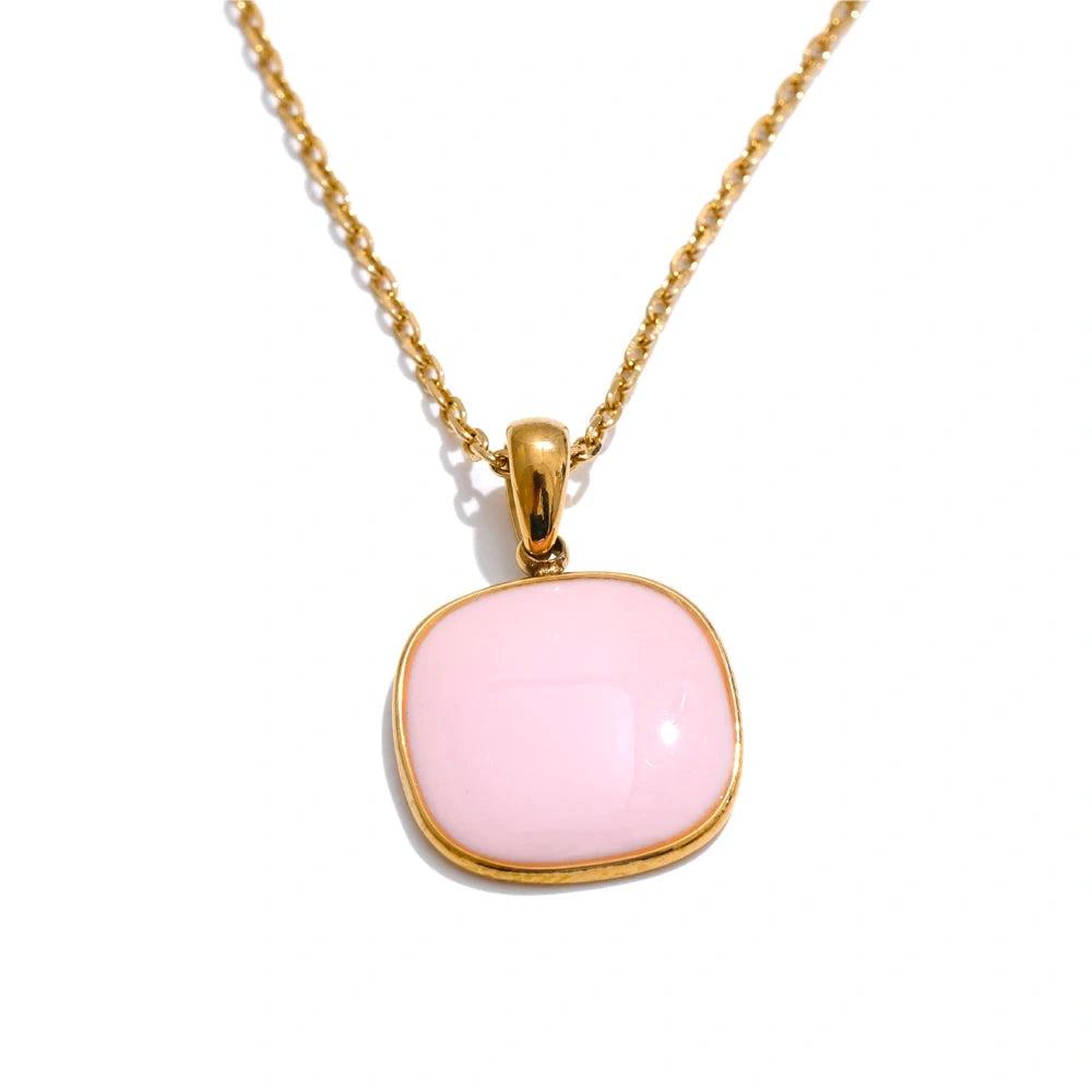 Candy Color Sweet Square Pendant Necklace Stainless Steel Gold Color PVD Plated Basic Fashion Jewelry for Women for Girl by PoisedMe