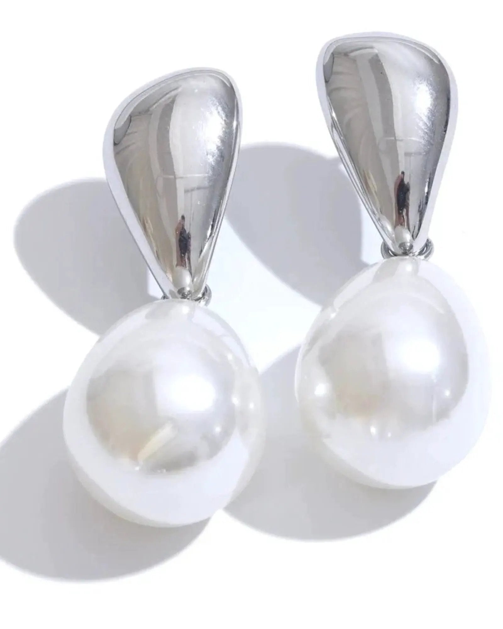 Geometric Drop Simulated Pearl Earrings Gold Tone 18K Gold PVD Plated Stainless Steel by Poised Me Jewelry Studio