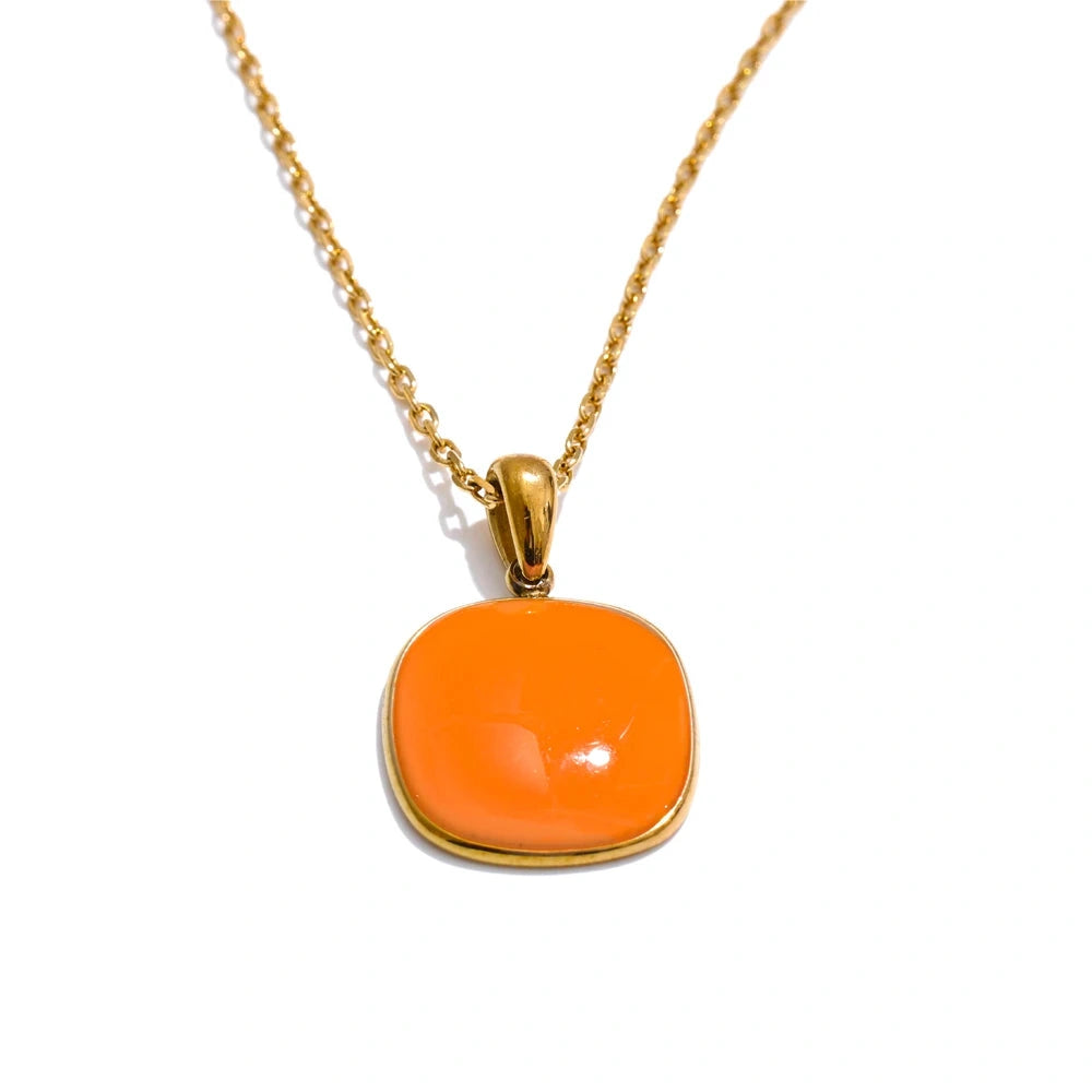 Candy Color Sweet Square Pendant Necklace Stainless Steel Gold Color PVD Plated Basic Fashion Jewelry for Women for Girl by PoisedMe