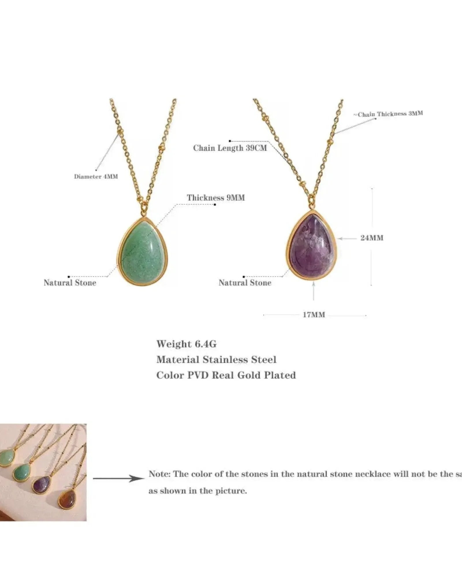 Amethyst Green Aventurine Water Drop 18K Gold PVD Plated Stainless Steel Necklace Pendant by Poised Me Jewelry Studio