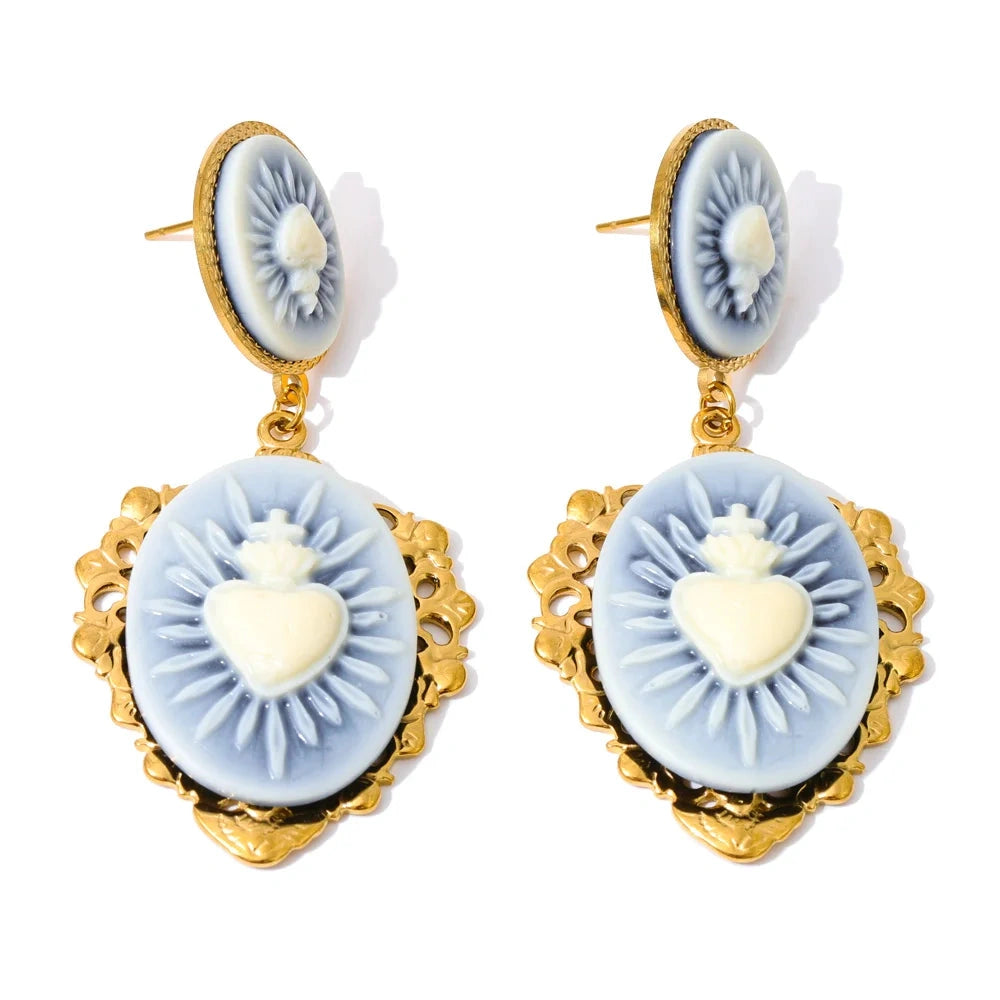 French Style Resin Heart Flower Drop Dangle Palace Earrings for Women Stainless Steel Fashion Vintage Jewelry Waterproof by PoisedMe