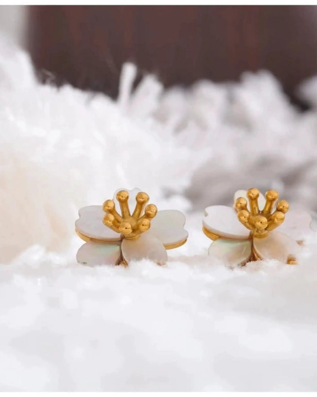 Golden Shell Flower Stud Earrings For Women Stainless Steel Hypoallergenic by Poised Me Jewelry Studio
