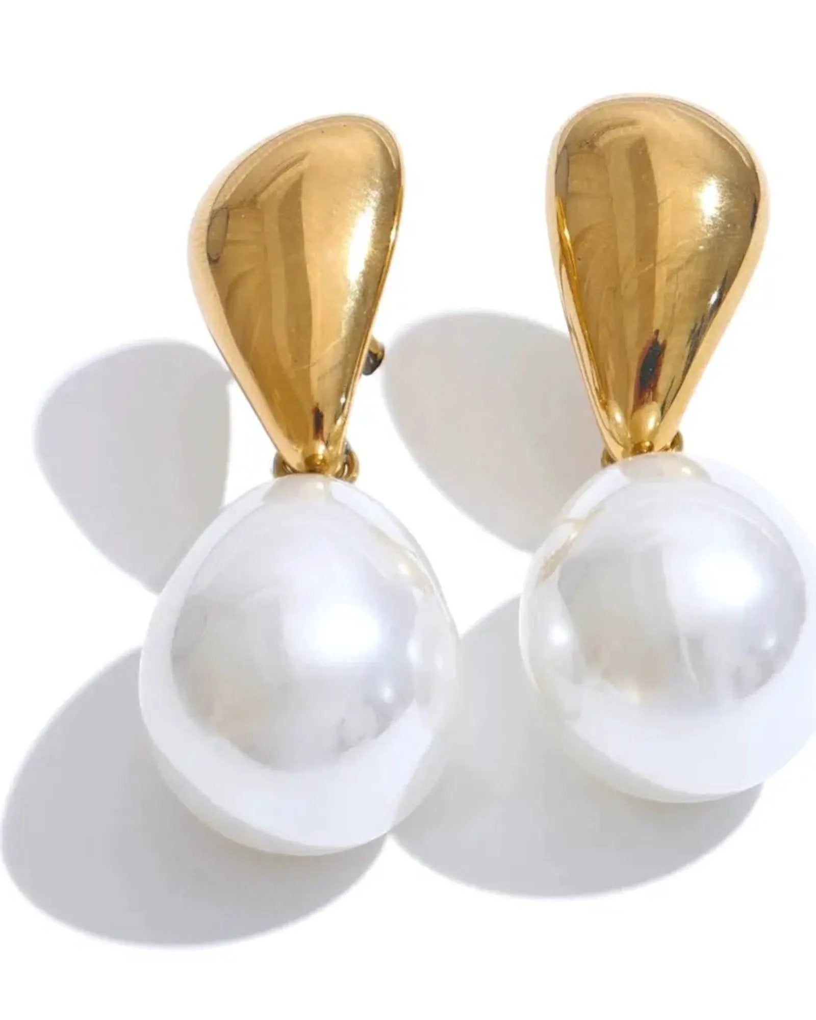 Geometric Drop Simulated Pearl Earrings Gold Tone 18K Gold PVD Plated Stainless Steel by Poised Me Jewelry Studio