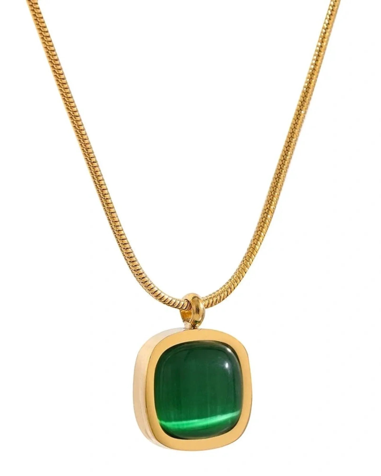 Green Opal Square Pendant Necklace — Minimalist 18k Gold Plated PVD Stainless Steel by Poised Me Jewelry Studio