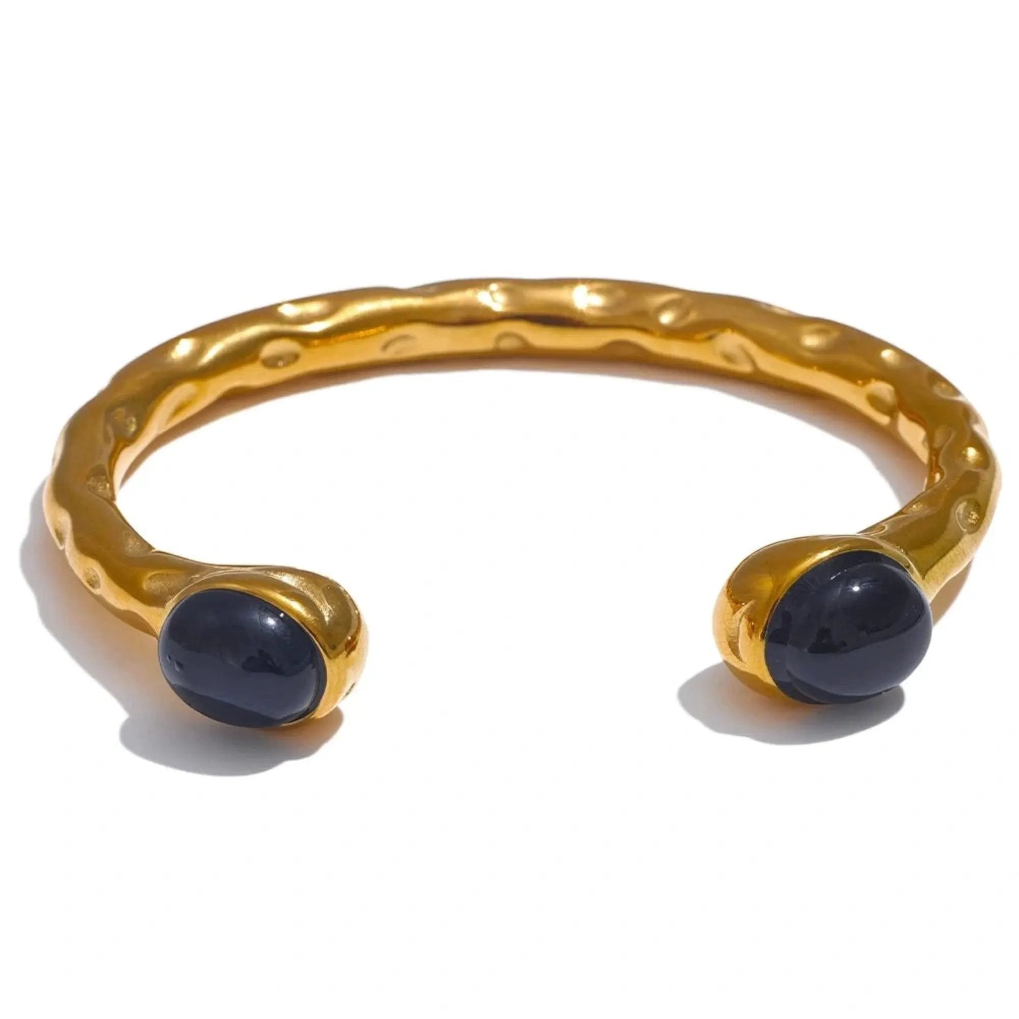 PoisedMe 62mm Stainless Steel Natural Stone Water Resistant Golden Open Cuff Bracelet - Bracelets