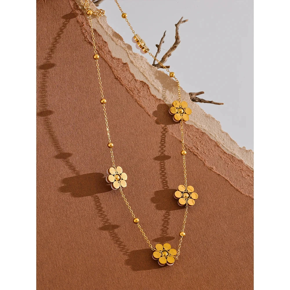 Fashion Imitation Pearls Handmade Flower Beads Chain Necklace Women 18K Gold Color PVD Stainless Steel Jewelry Waterproof by PoisedMe