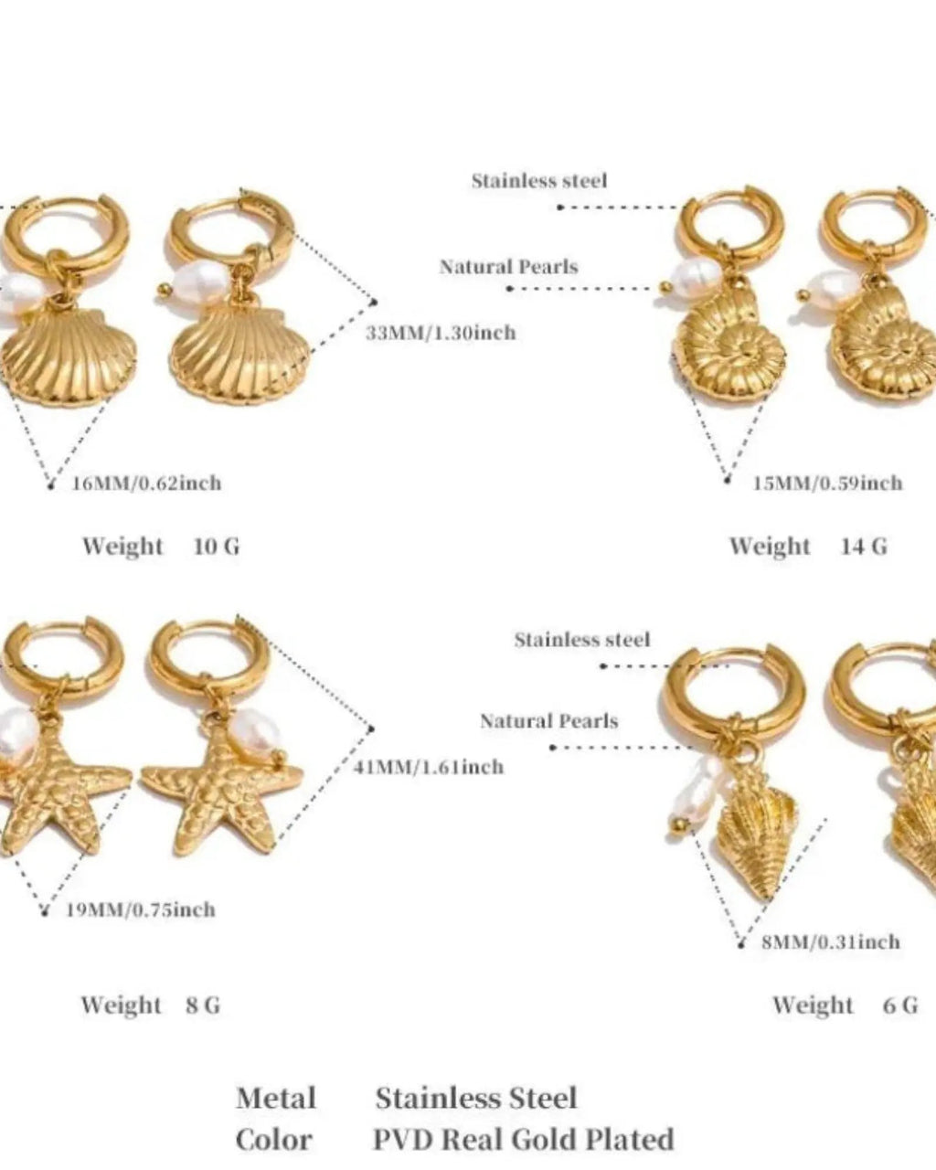Ocean Style Natural Pearl Conch Shell Starfish Hoop 18K Plated PVD Stainless Steel Earrings Set For Women by Poised Me Jewelry Studio