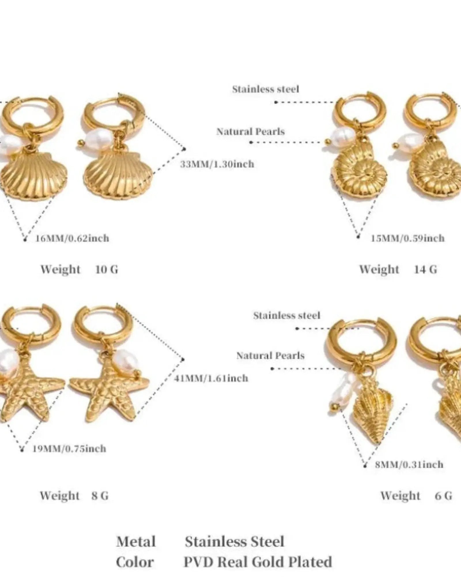 Ocean Style Natural Pearl Conch Shell Starfish Hoop 18K Plated PVD Stainless Steel Earrings Set For Women by Poised Me Jewelry Studio