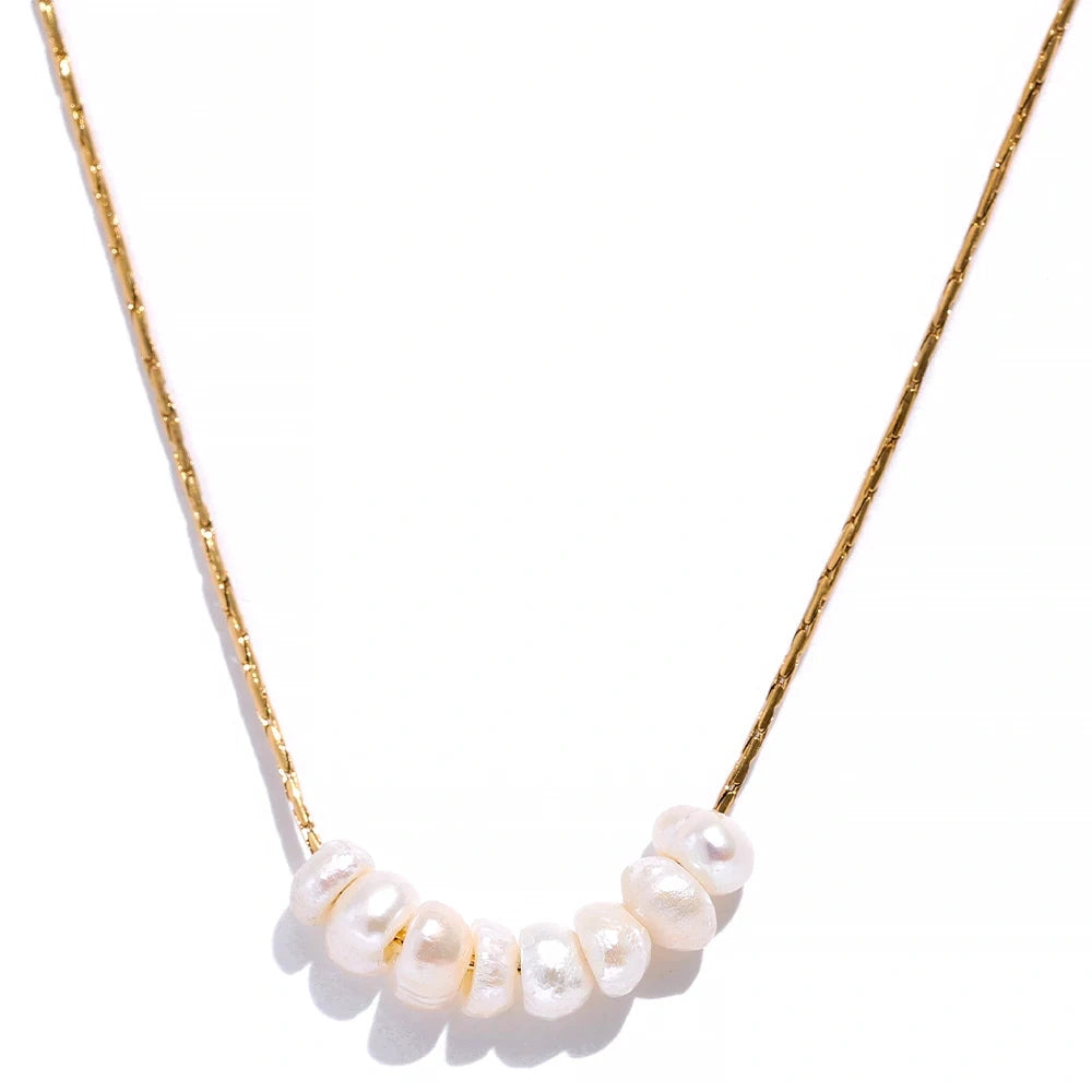 PoisedMe Tarnish Free Natural Pearl Bead Necklace Minimalist Stainless Steel Chain - Necklaces
