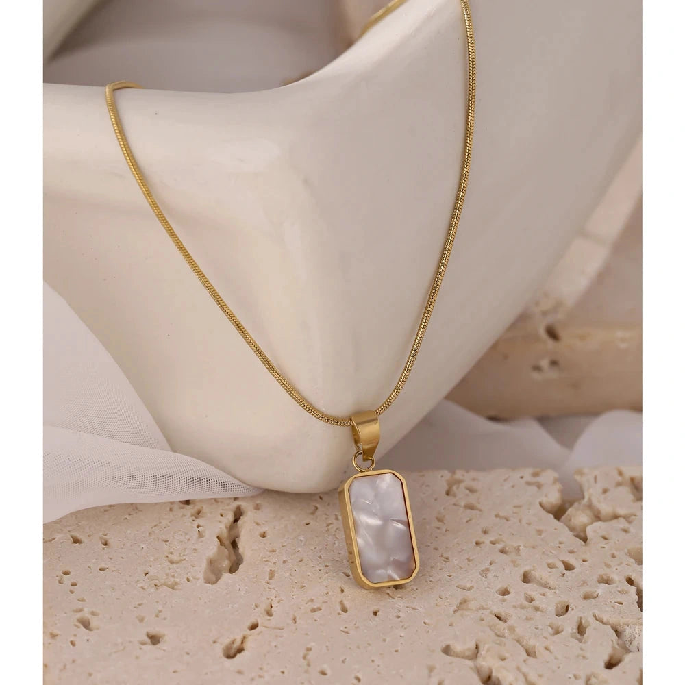 Double-Sided Black White Enamel Natural Shell Pendant Necklace for Women Stainless Steel Metal Choker Temperament Gift by PoisedMe