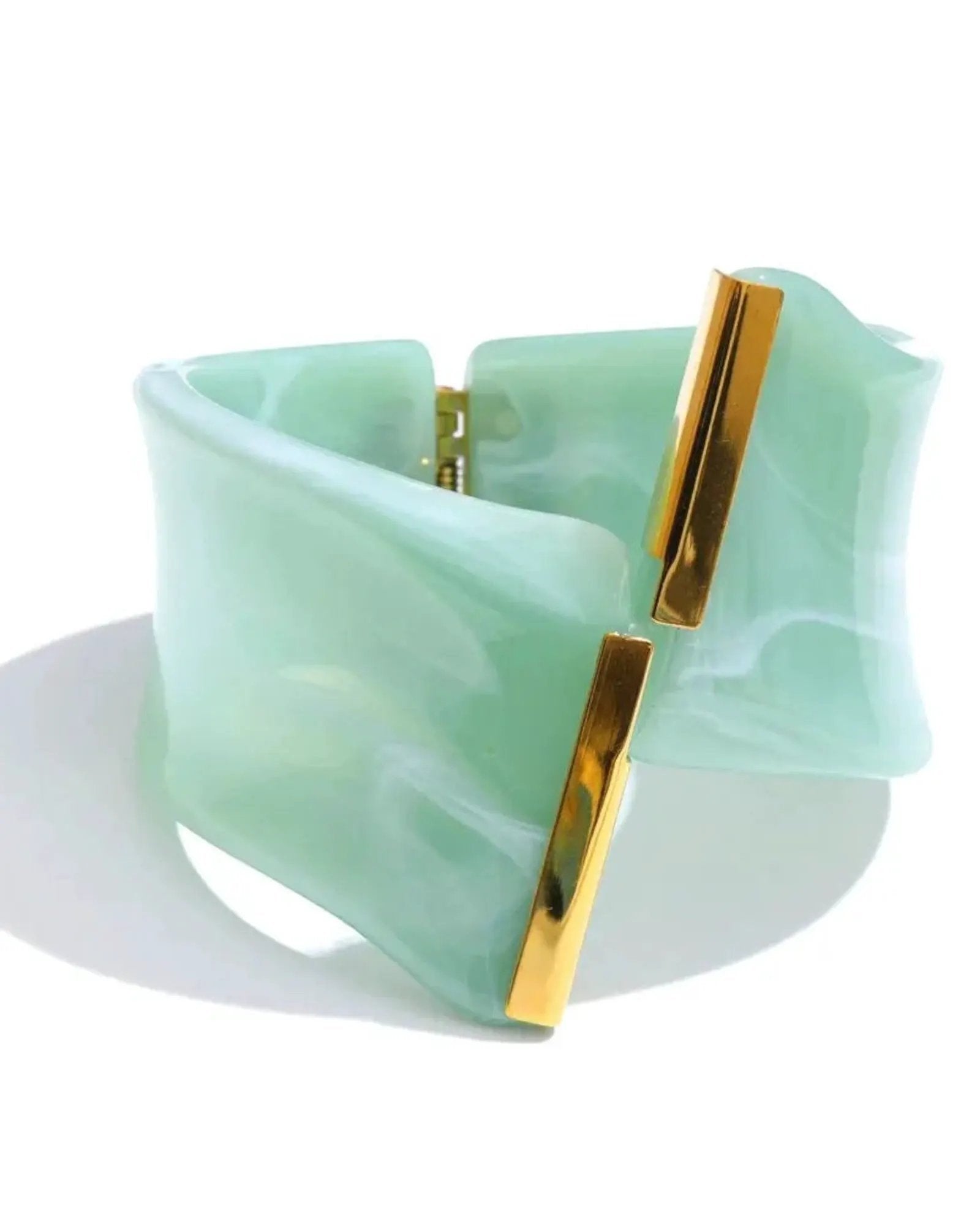 Marble Acrylic Cuff Bracelet With Gold Bar Accents 62mm 18k PVD Plated Stainless Steel by Poised Me Jewelry Studio