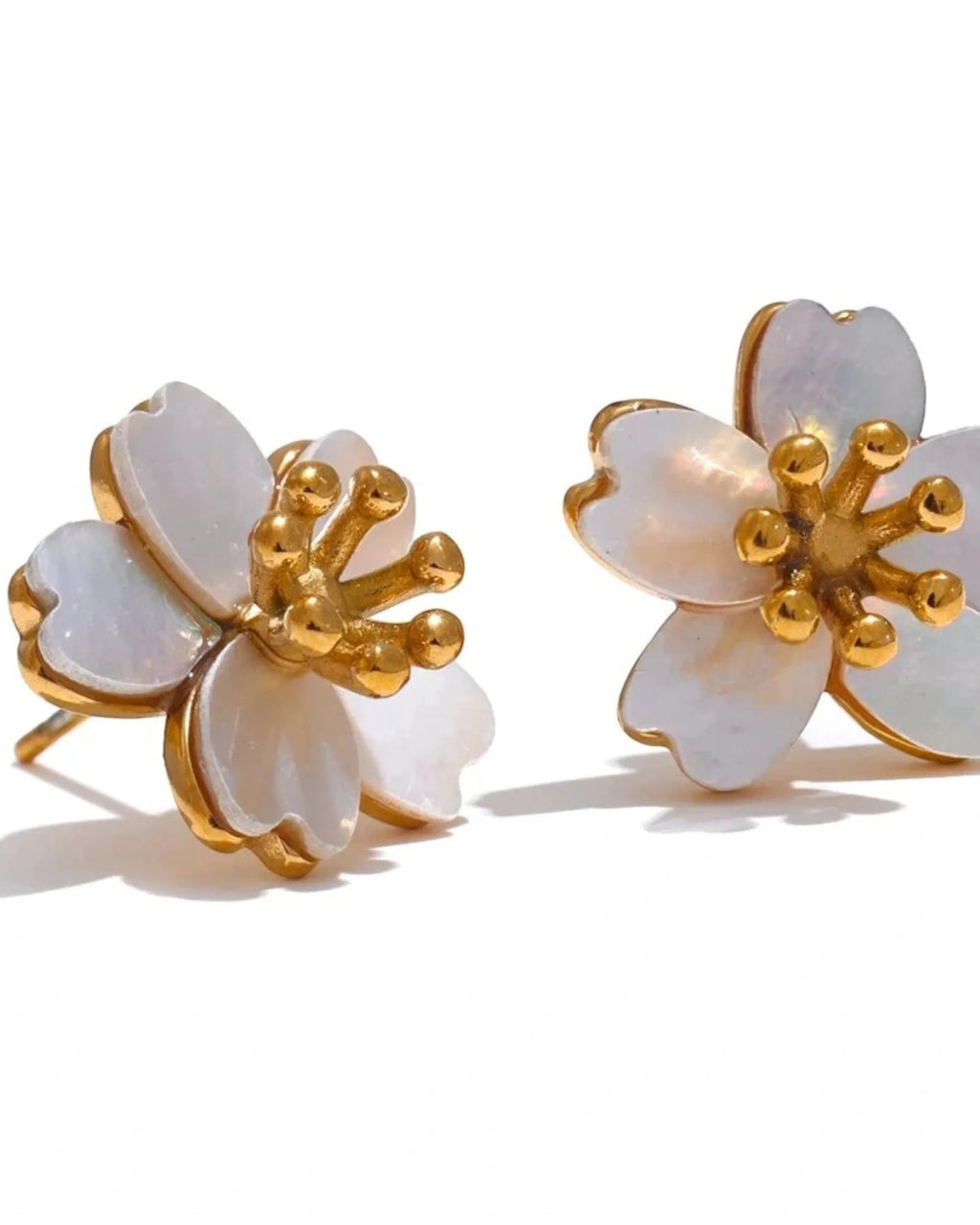 Golden Shell Flower Stud Earrings For Women Stainless Steel Hypoallergenic by Poised Me Jewelry Studio