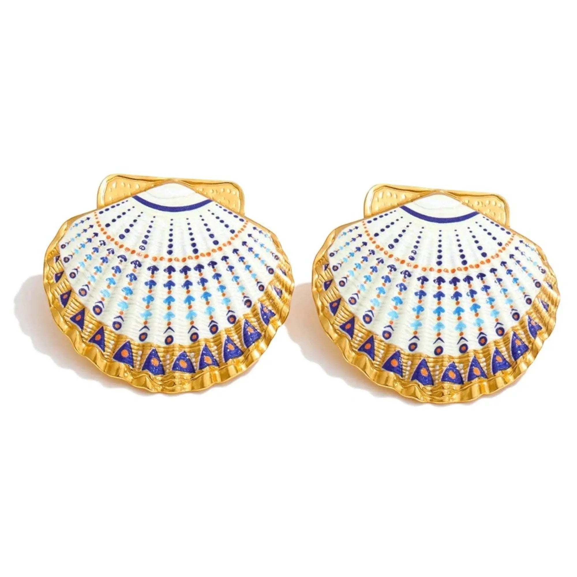 PoisedMe Ocean Style Enamel Shell Stud Earrings For Women Gold Tone - Earrings