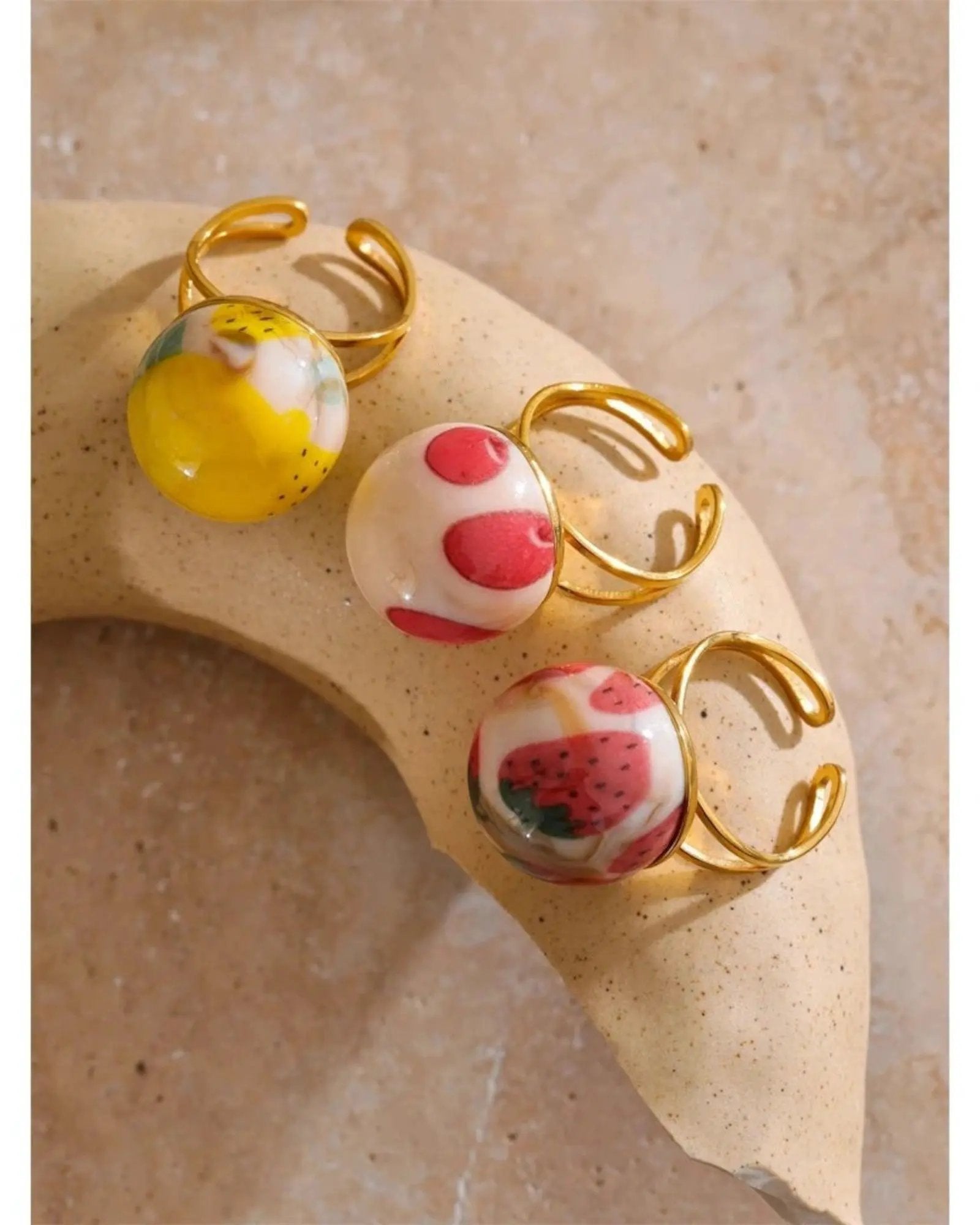 Candy Enamel Round Strawberry Pineapple Cherry Open Ring Adjustable 18k Gold PVD Plated Stainless Steel by Poised Me Jewelry Studio