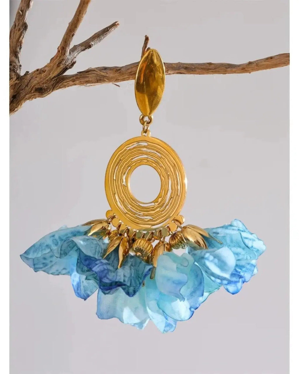 Handmade Bohemian Blue Cloth Flower Drop 18K Gold PVD Plated Stainless Steel Earrings by Poised Me Jewelry Studio