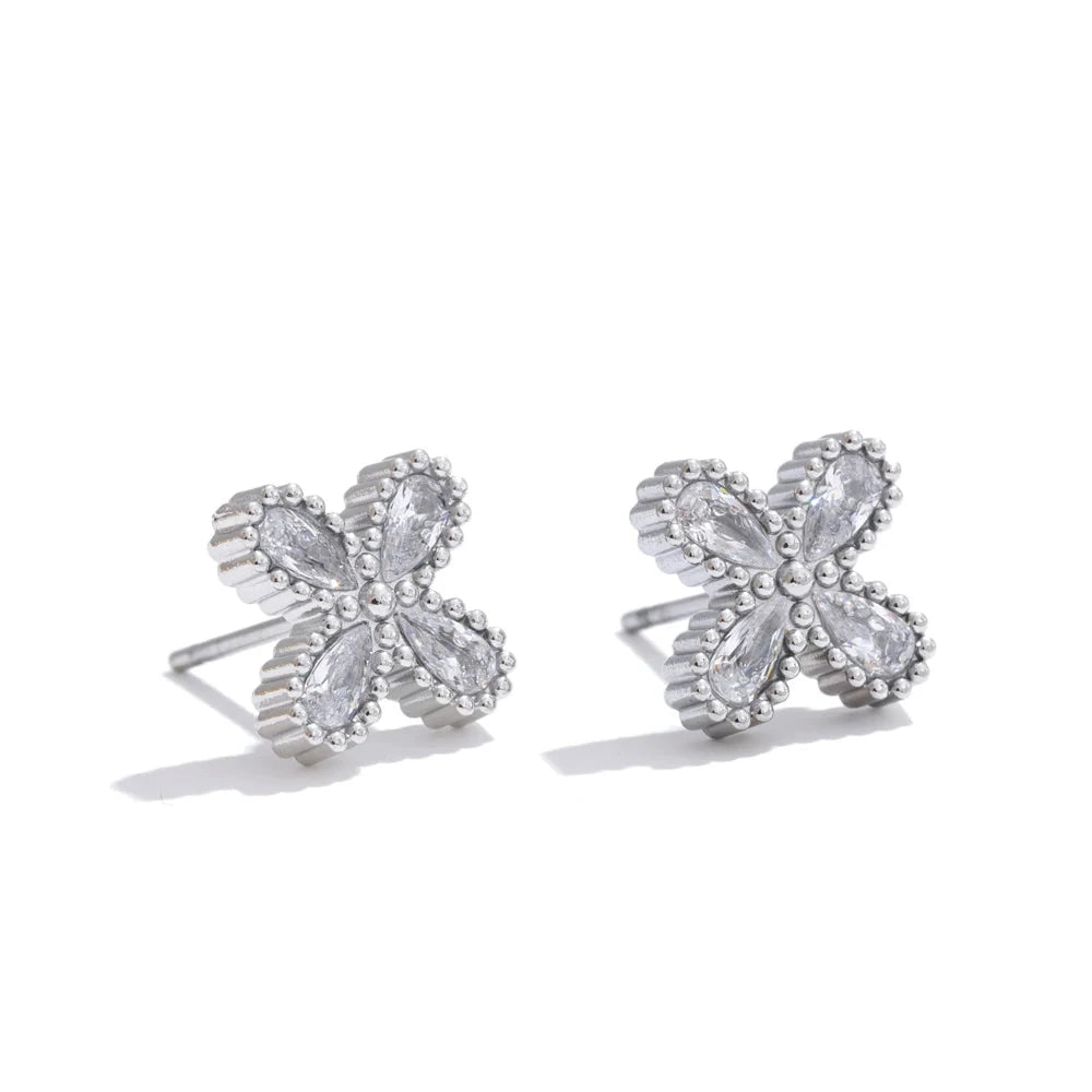 Bling Cubic Zirconia Flower Small Stud Earrings Waterproof Stainless Steel Cast Quality Versatile Daily Delicate Jewelry by PoisedMe