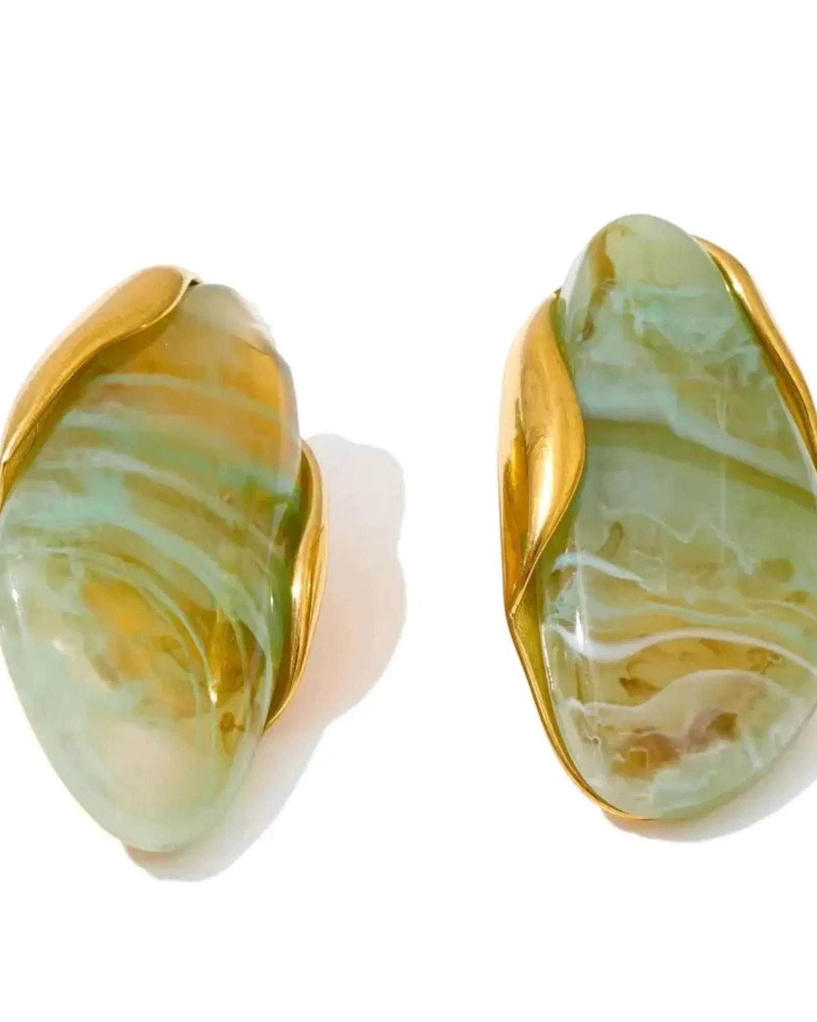 Brown Green Beige Resin Geometric Stud Earrings 18k Gold PVD Stainless Steel by Poised Me Jewelry Studio