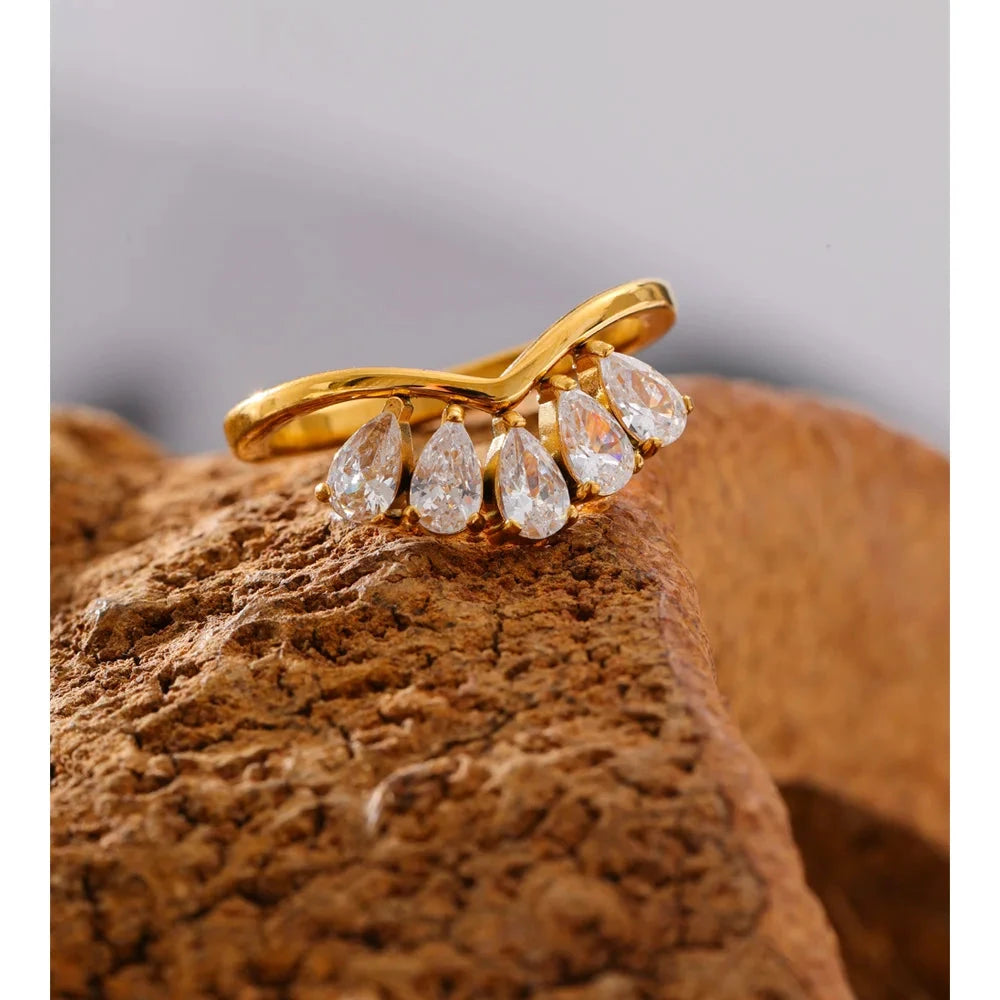 Cubic Zirconia Water Drop Flower Ring Size 678 Stainless Steel For Women by PoisedMe