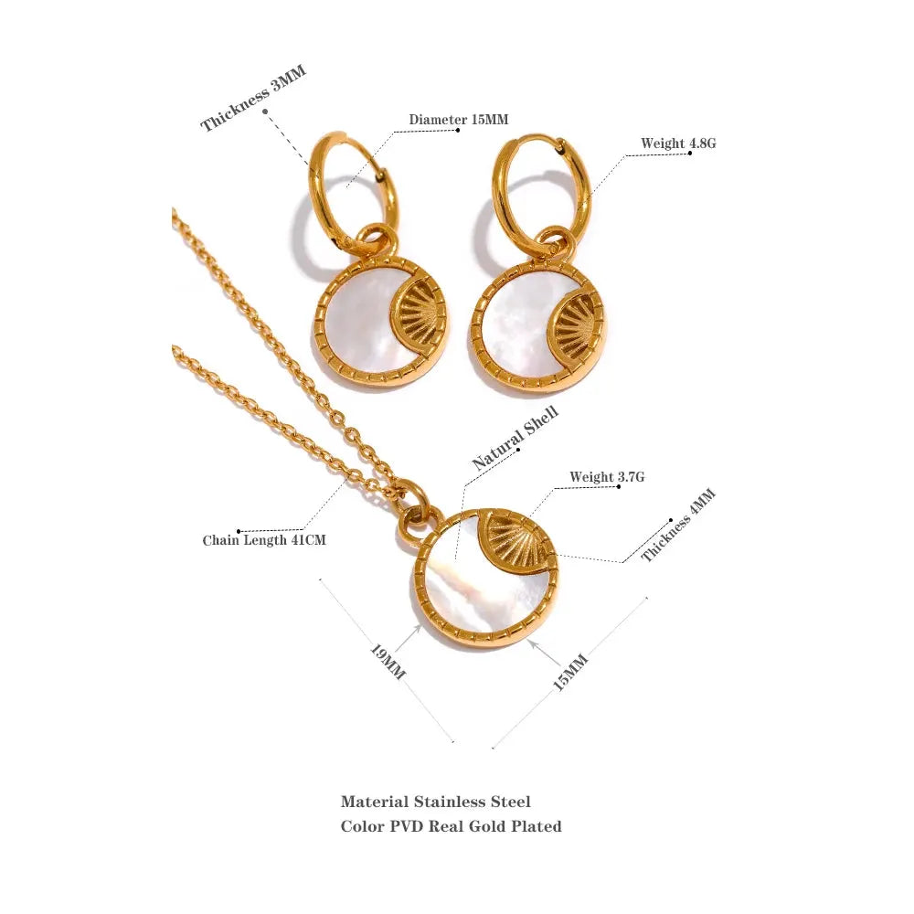 PoisedMe Charm Natural Shell Star Moon Round Pendant Drop Stainless Steel Necklace Earrings Jewelry Set for Women Accessories -