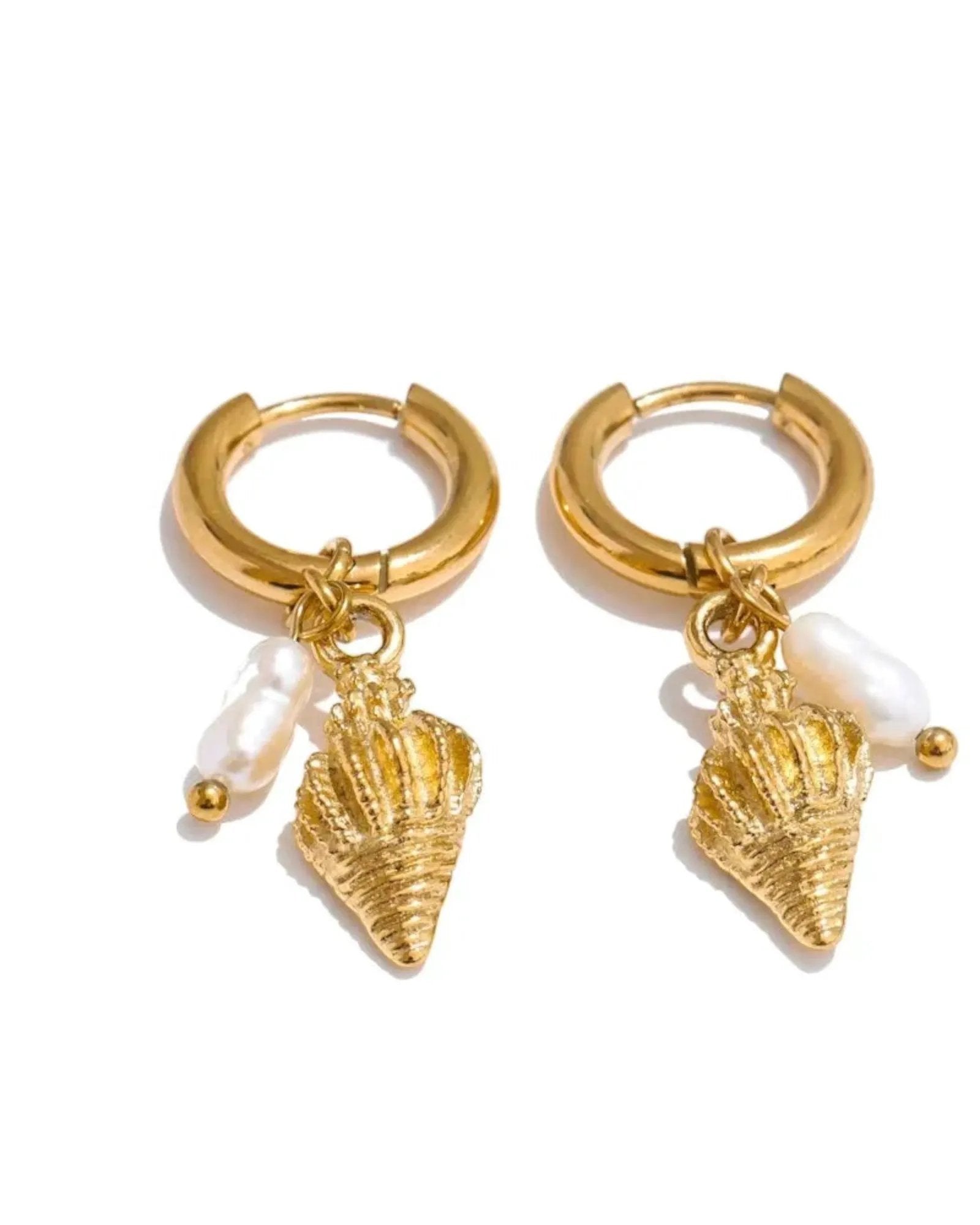 Ocean Style Natural Pearl Conch Shell Starfish Hoop 18K Plated PVD Stainless Steel Earrings Set For Women by Poised Me Jewelry Studio