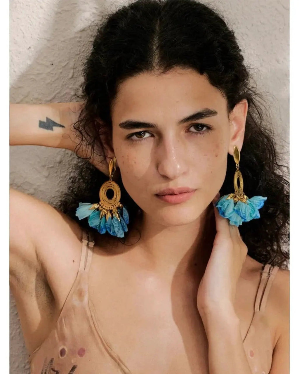 Handmade Bohemian Blue Cloth Flower Drop 18K Gold PVD Plated Stainless Steel Earrings by Poised Me Jewelry Studio