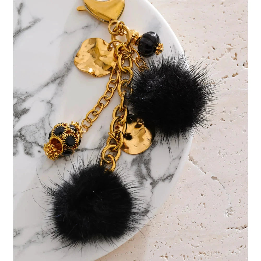 Autumn Winter Pom Pom Ball Key Chain Backpack Charm Stainless Steel by PoisedMe