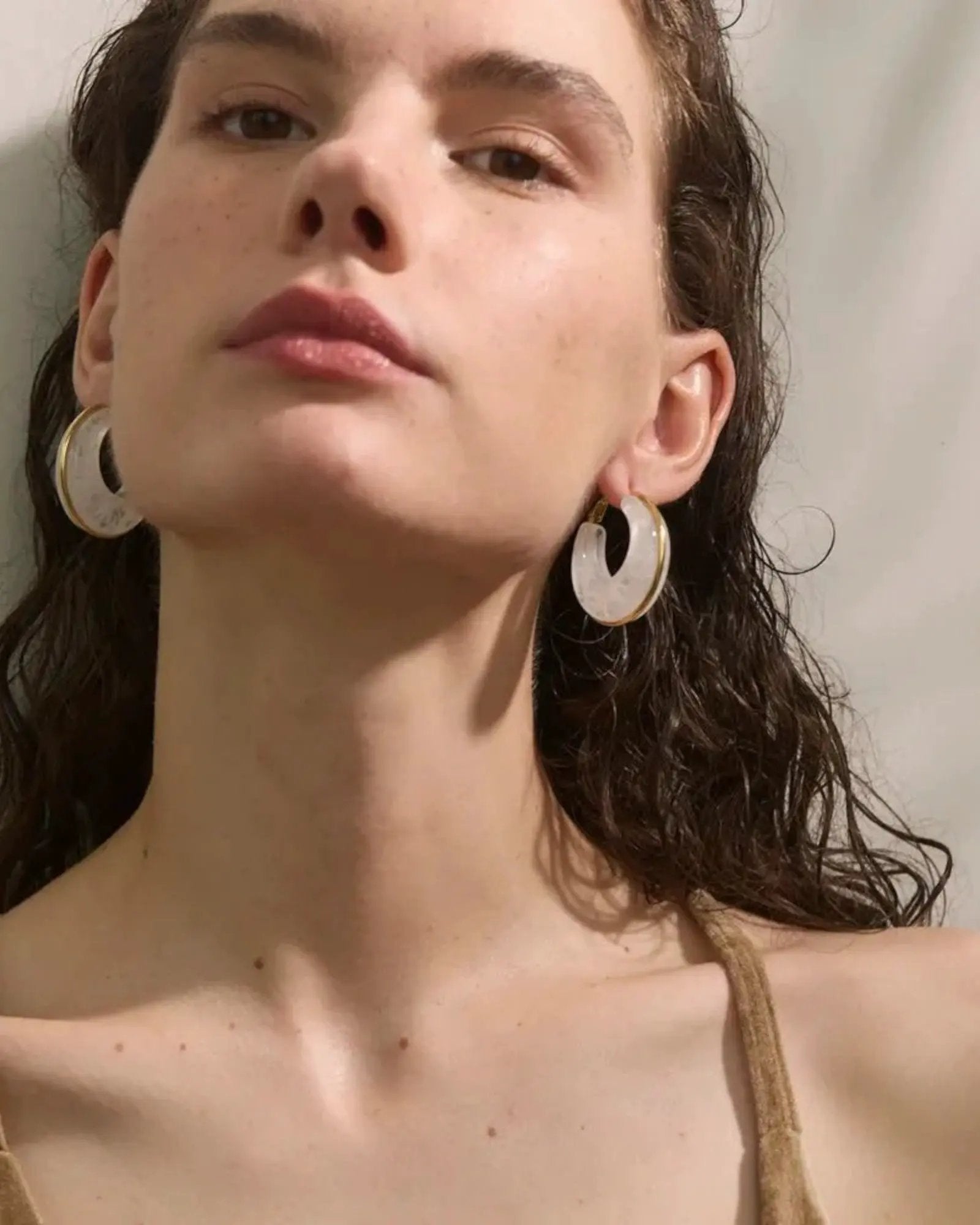 Green Marble Acrylic Hoop Earrings With 18K Gold PVD Plated Stainless Steel Trim For Women by Poised Me Jewelry Studio