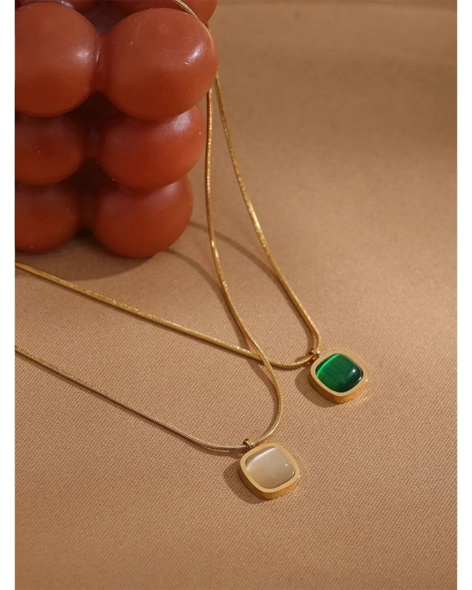 Green Opal Square Pendant Necklace — Minimalist 18k Gold Plated PVD Stainless Steel by Poised Me Jewelry Studio