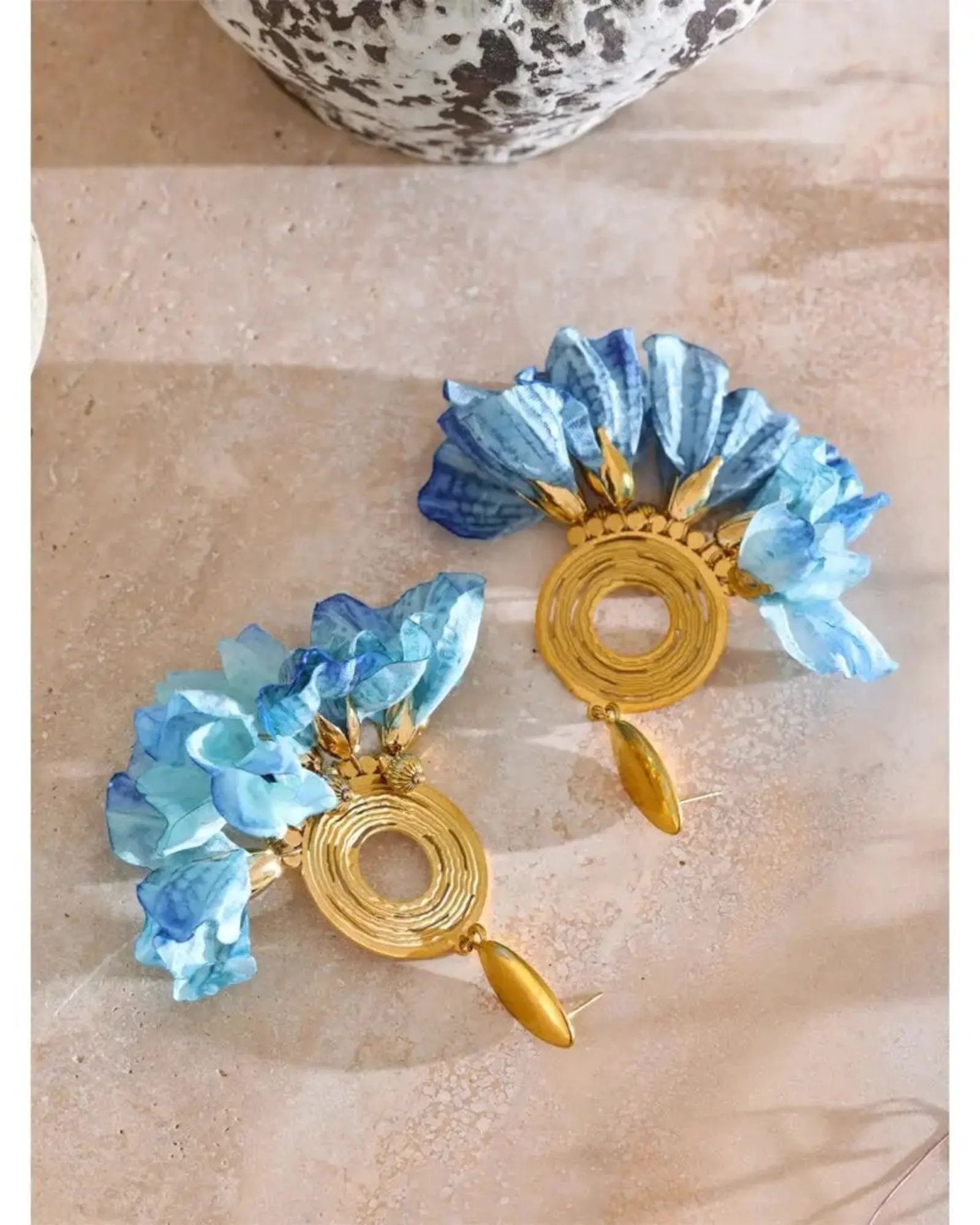 Handmade Bohemian Blue Cloth Flower Drop 18K Gold PVD Plated Stainless Steel Earrings by Poised Me Jewelry Studio