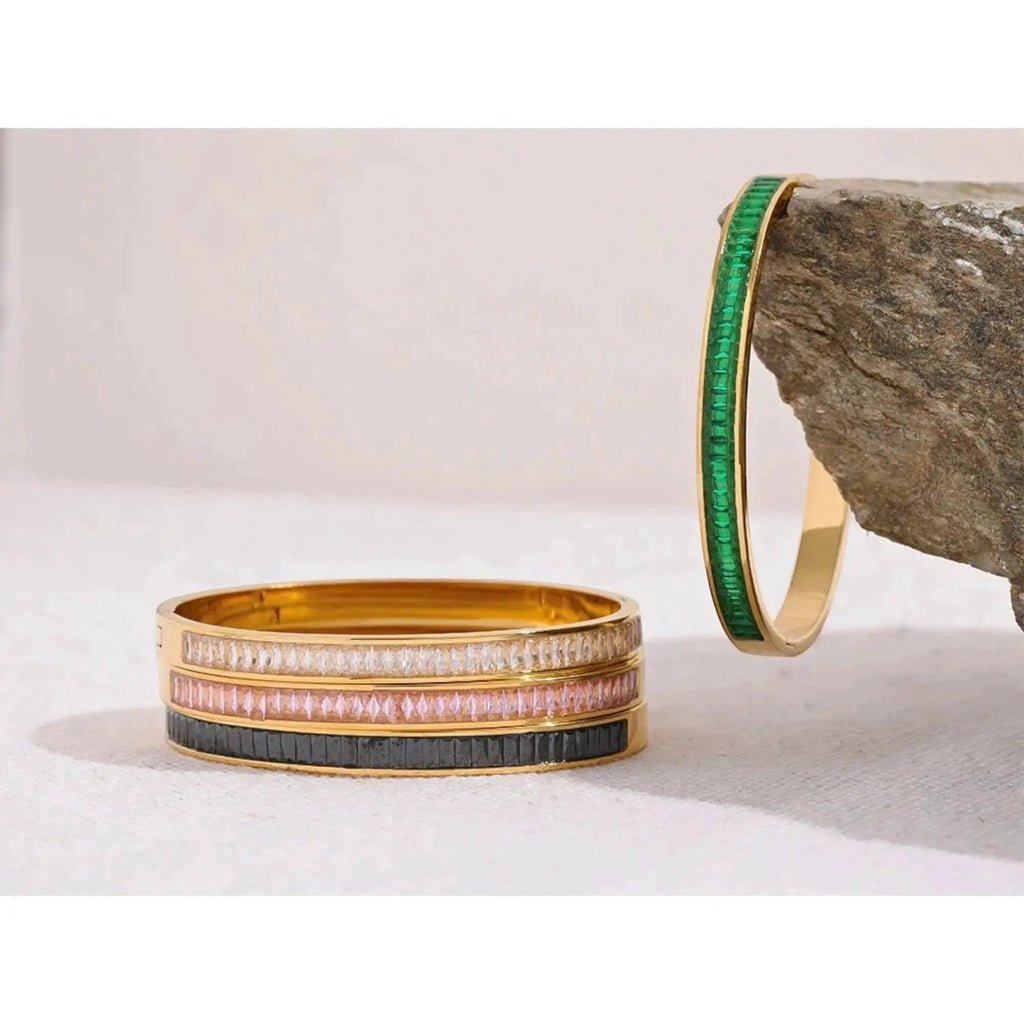 Emerald Green Cubic Zirconia Bangle Bracelet For Women 18K Gold Plated Steel by Poised Me Jewelry Studio