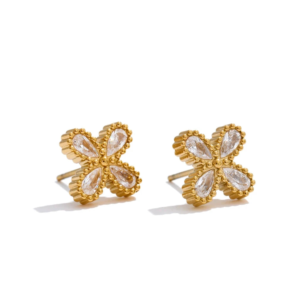 Bling Cubic Zirconia Flower Small Stud Earrings Waterproof Stainless Steel Cast Quality Versatile Daily Delicate Jewelry by PoisedMe