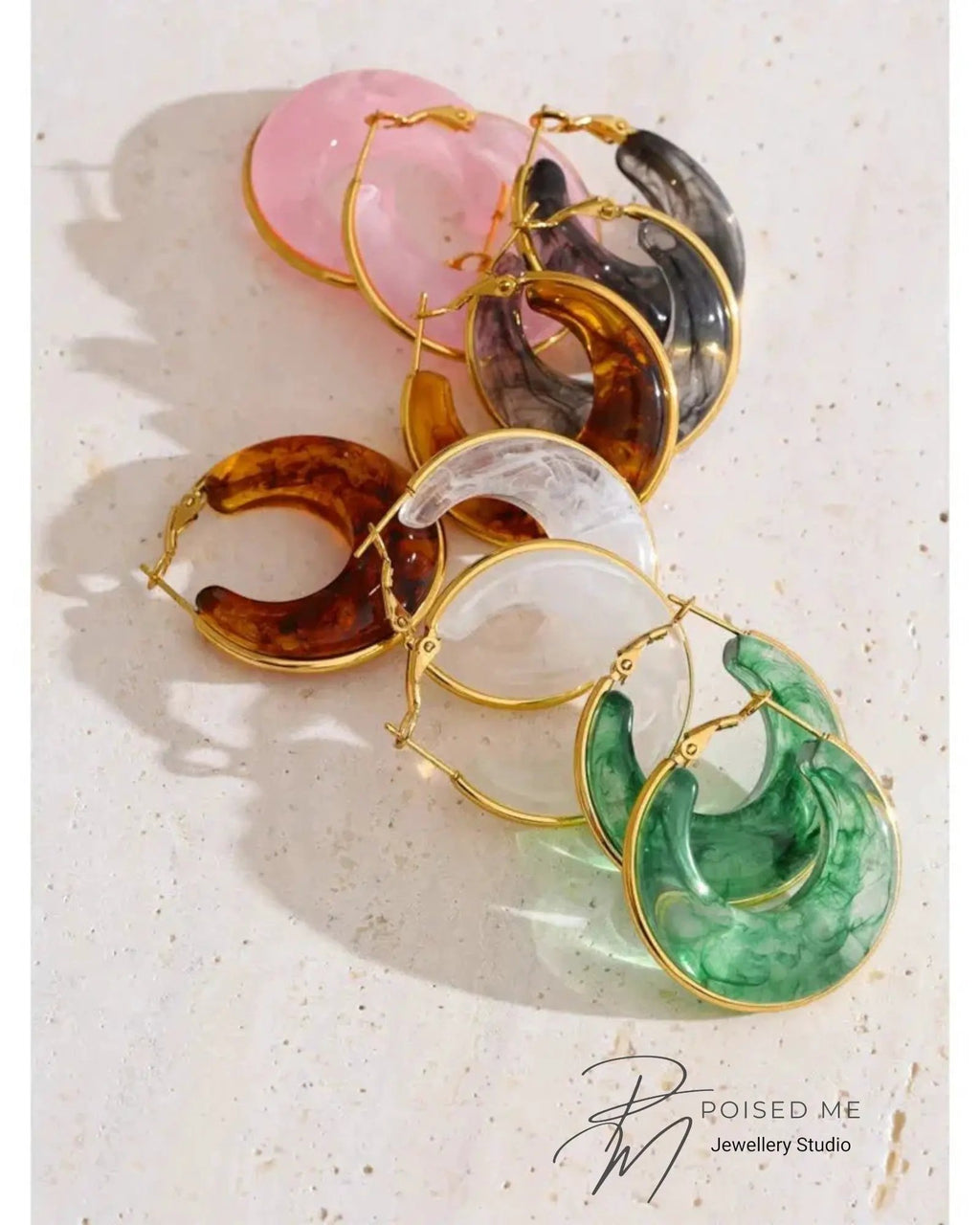 Green Marble Acrylic Hoop Earrings With 18K Gold PVD Plated Stainless Steel Trim For Women by Poised Me Jewelry Studio