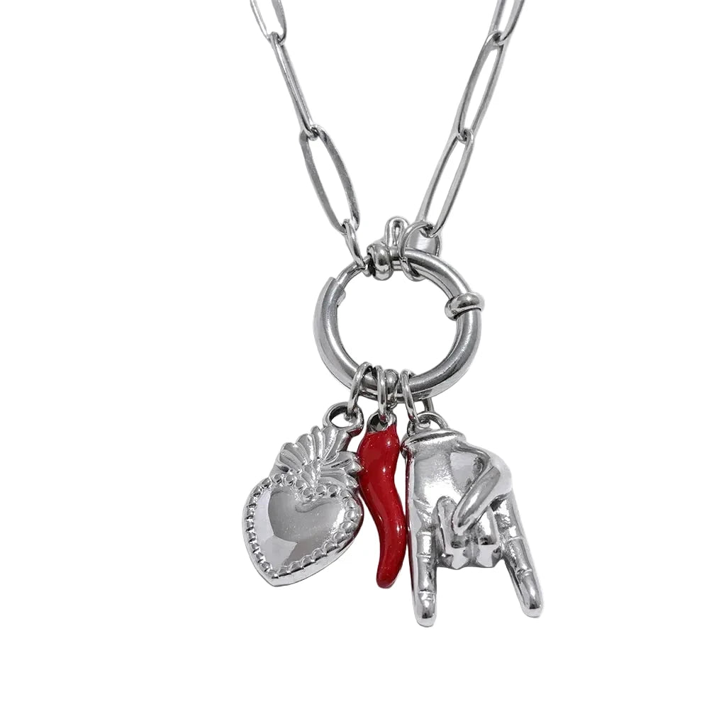 316L Stainless Steel Palm Red Chili Heart Charm Pendant Necklace For Women by PoisedMe