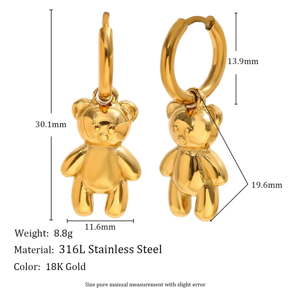316L Stainless Steel 3D Bear Pendant Necklace Earrings Women's Charm 18K Gold Plated Jewelry High Quality Gift by PoisedMe