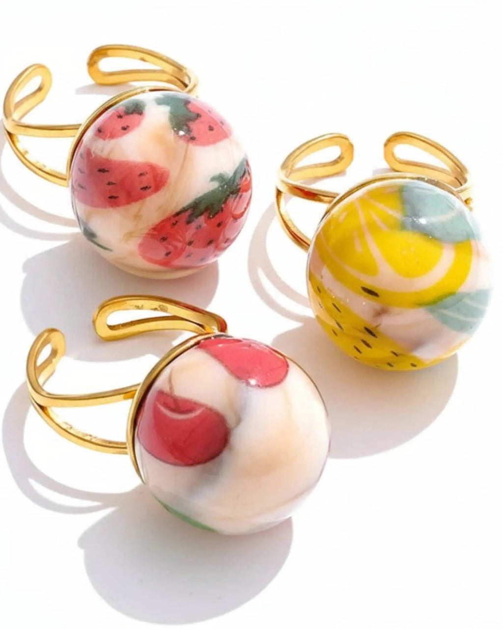 Candy Enamel Round Strawberry Pineapple Cherry Open Ring Adjustable 18k Gold PVD Plated Stainless Steel by Poised Me Jewelry Studio