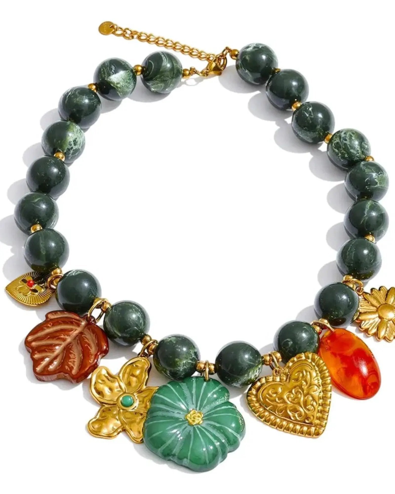 Green Acrylic Bead Necklace With Leaf Flower Heart Charms 18k Gold Plated PVD Stainless Steel by Poised Me Jewelry Studio