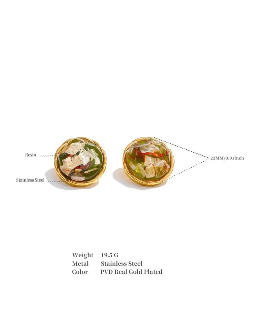 Resin Round Stud Earrings 18K Gold PVD Plated Stainless Steel Waterproof by Poised Me Jewelry Studio