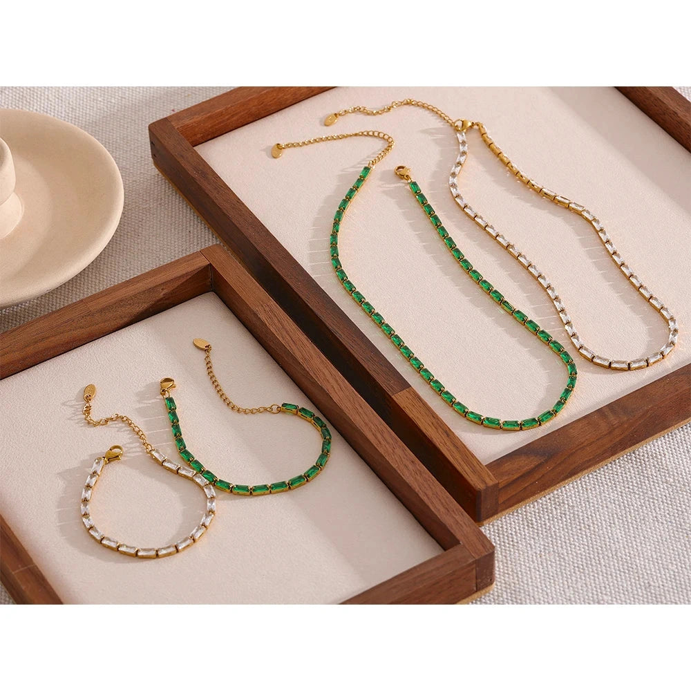 Waterproof Fashion White Green Cubic Zirconia Stainless Steel Gorgeous Necklace Bracelet Elegant Charm Jewelry Sets Women by PoisedMe