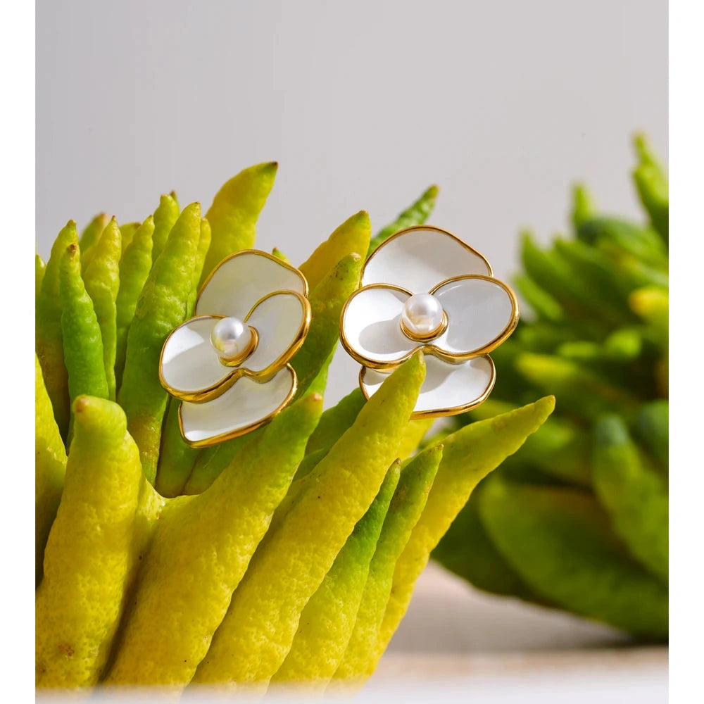 White Enamel Pearls Flower Stud Earrings for Women Golden Stainless Steel Daily Fashion Jewelry Recommend Gift by PoisedMe