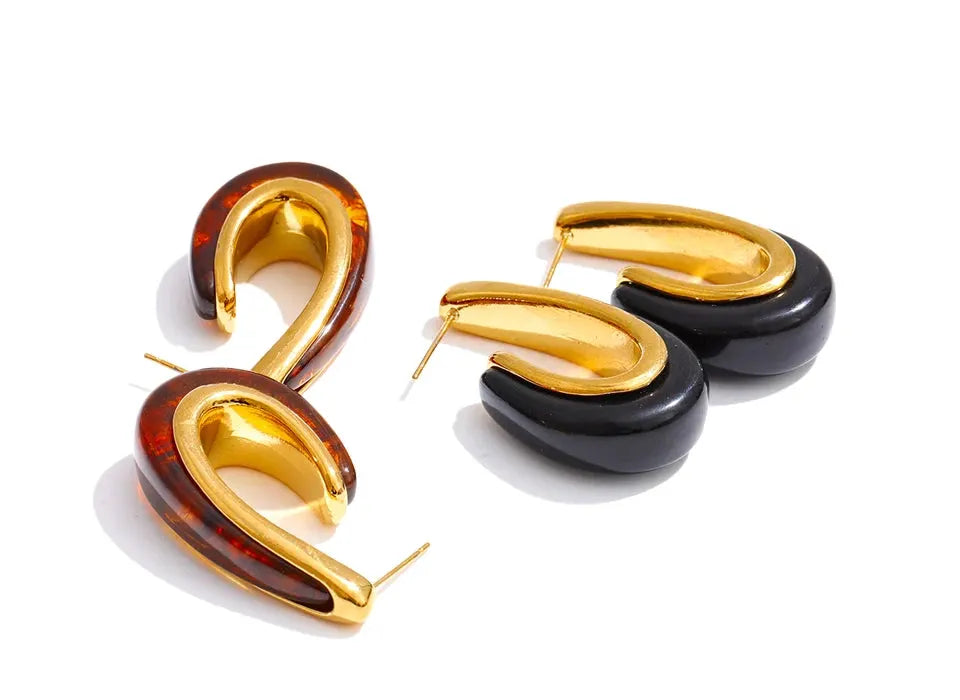 Geometric Resin 18k PVD Gold Plated Hoop Earrings Stainless Steel Amber Black by Poised Me Jewelry Studio