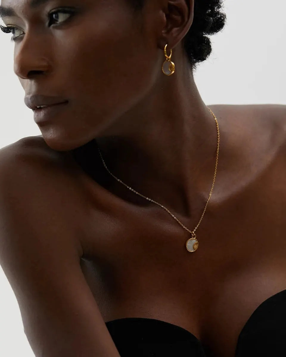 Natural Shell Round Pendant Necklace And Drop Earrings 18K Gold PVD Plated Stainless Steel For Women by Poised Me Jewelry Studio