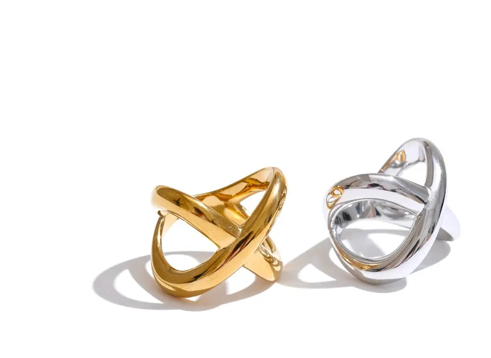 X-Shape Statement Ring – Handmade Polished 18k Gold Plated PVD Stainless Steel | Waterproof Geometric Finger Jewelry for Women by Poised Me Jewelry Studio