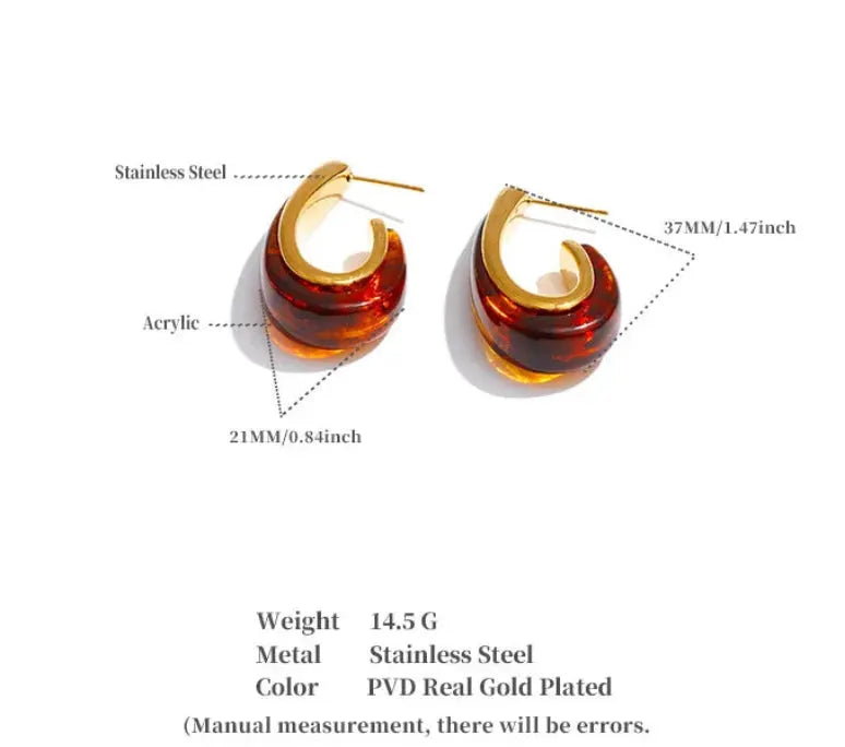 Geometric Resin 18k PVD Gold Plated Hoop Earrings Stainless Steel Amber Black by Poised Me Jewelry Studio