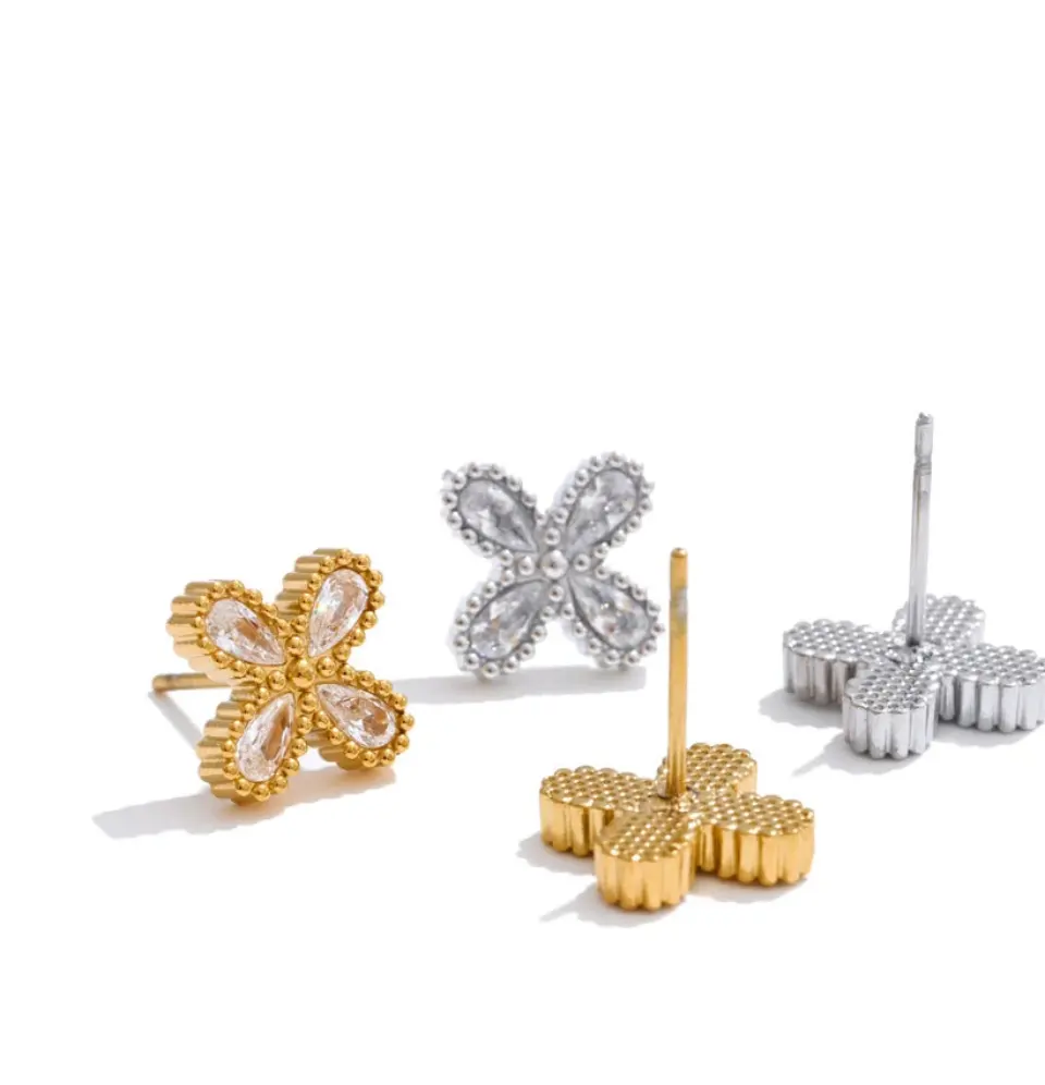 Flower Cubic Zirconia Stud Earrings Small Stainless Steel Waterproof Jewelry by Poised Me Jewelry Studio