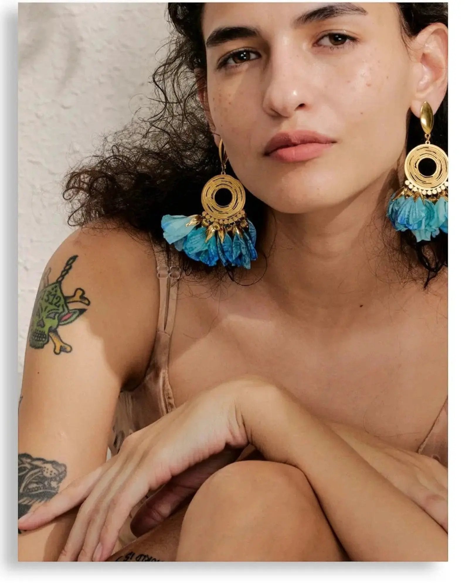 Handmade Bohemian Blue Cloth Flower Drop 18K Gold PVD Plated Stainless Steel Earrings by Poised Me Jewelry Studio
