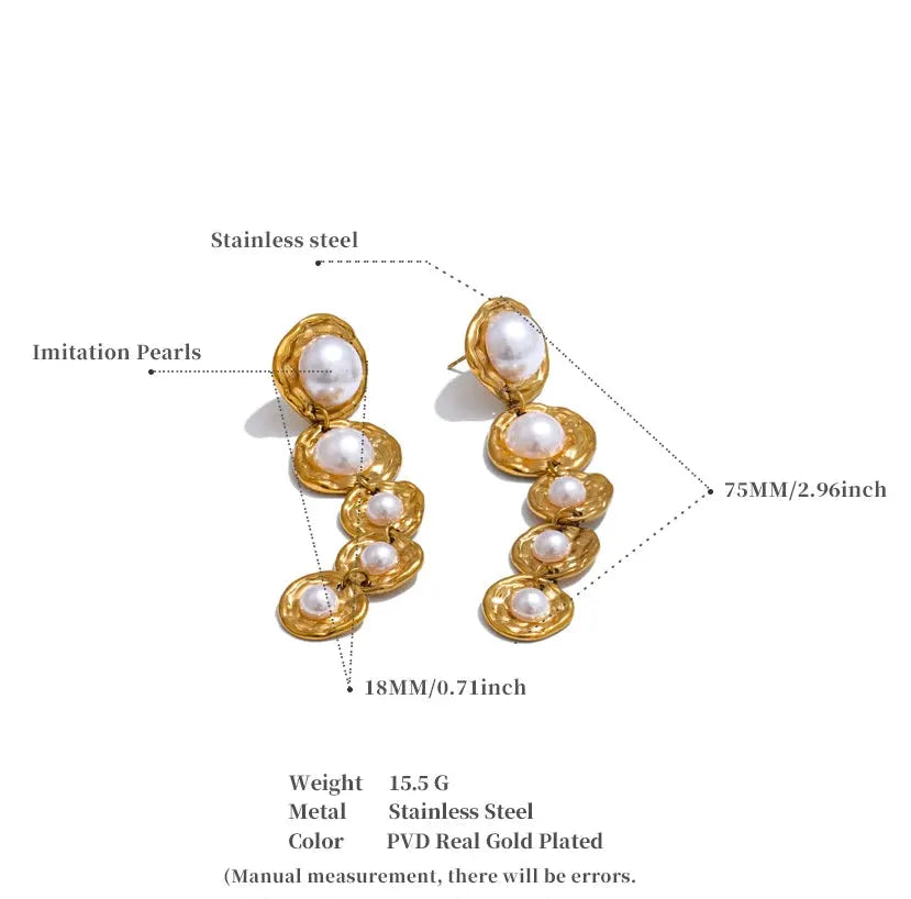 Simulated Pearl Earrings Golden Long Drop 18k Gold Plated PVD Stainless Steel Hypoallergenic by Poised Me Jewelry Studio