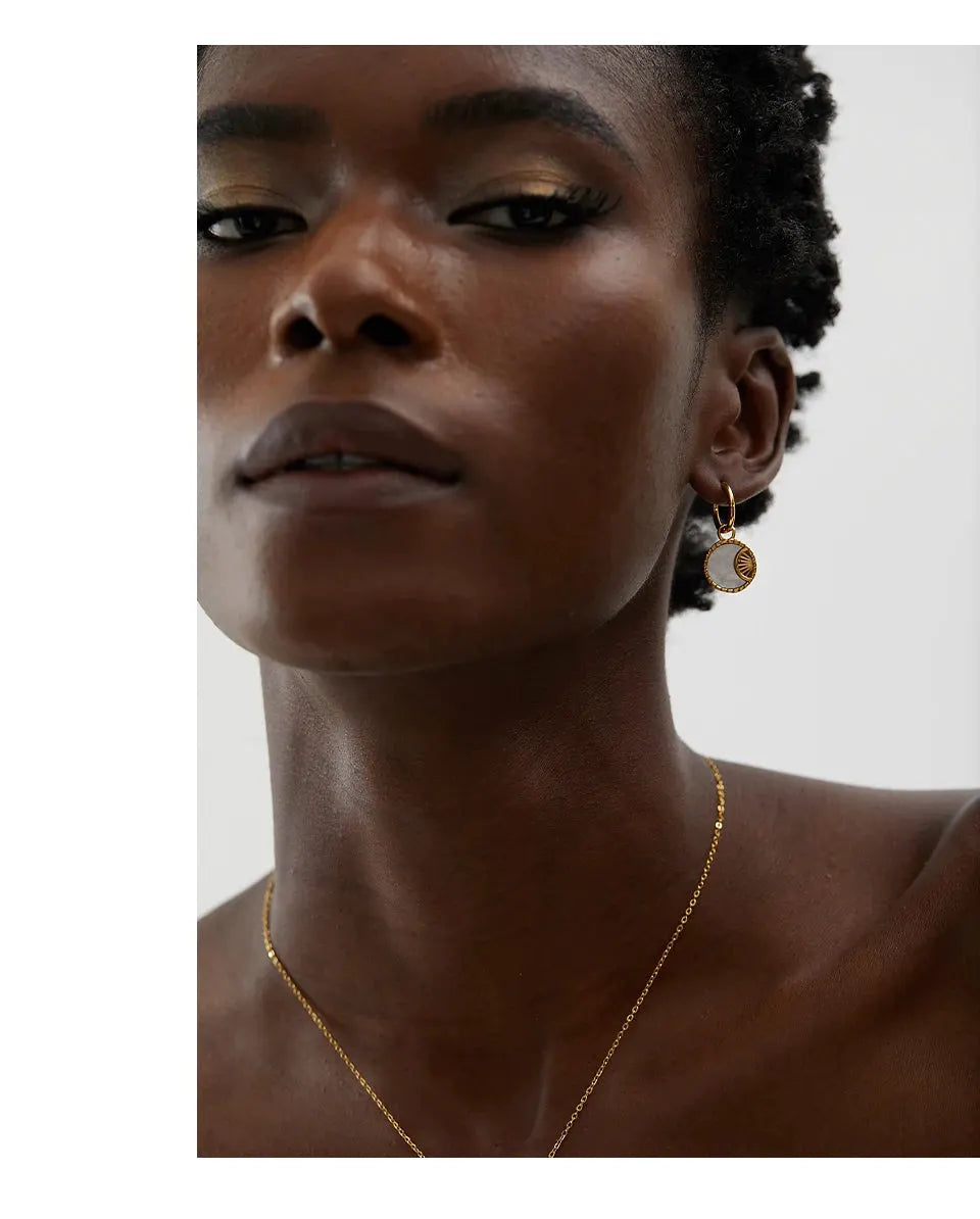 Natural Shell Round Pendant Necklace And Drop Earrings 18K Gold PVD Plated Stainless Steel For Women by Poised Me Jewelry Studio